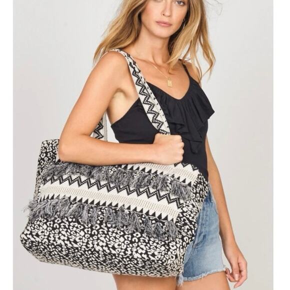 Amuse Society Handbags - Amuse Society Tote Summer Breeze Boho Black Cream Fringe Woven Textured Bag